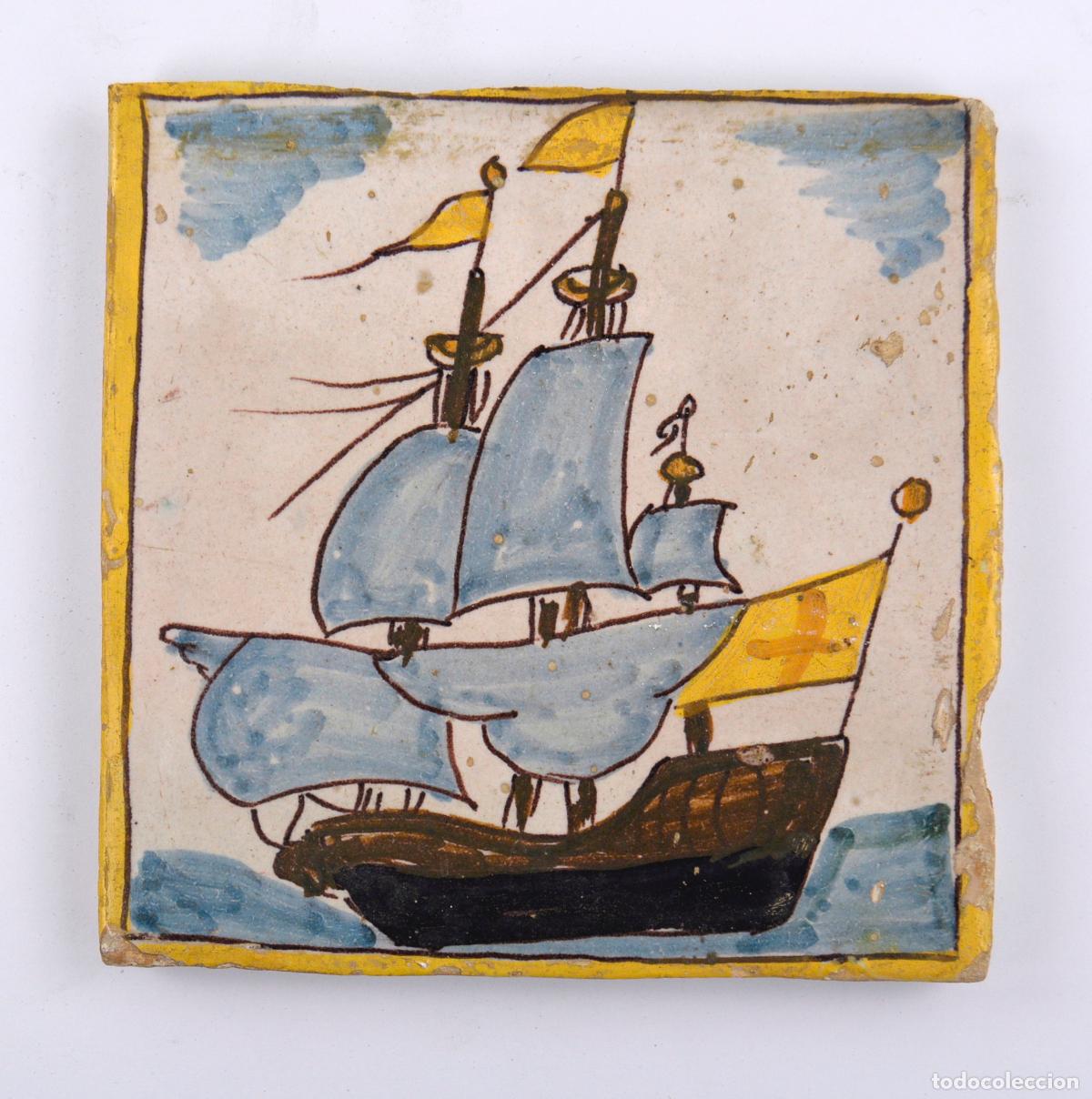 Oggetti Antichi: Barco de vela o galera, , azulejo de cer&aacute;mica catalana, serie Arts i Oficis, siglo XVIII.