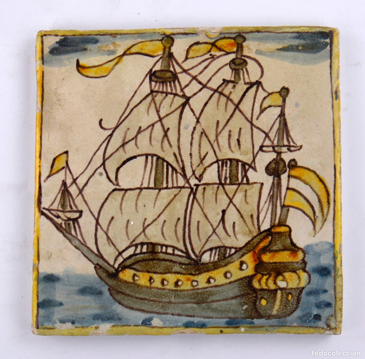 Antiguidades: Barco de vela o galera, azulejo de cer&aacute;mica catalana, serie Arts i Oficis, siglo XVIII - XIX.