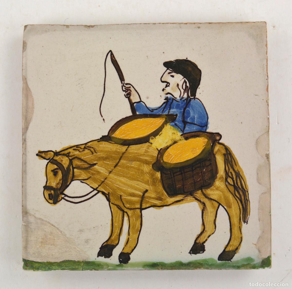 Oggetti Antichi: AZULEJO CATAL&Aacute;N DE OFICIOS, AGRICULTOR EN BURRO. s. XVIII