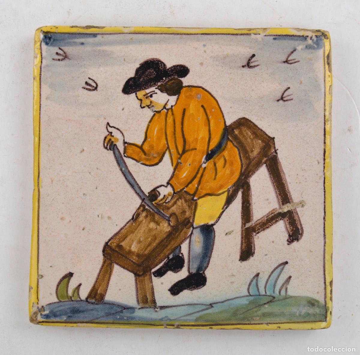 Oggetti Antichi: AZULEJO CATAL&Aacute;N DE OFICIOS, carpintero. s.XVIII-XIX