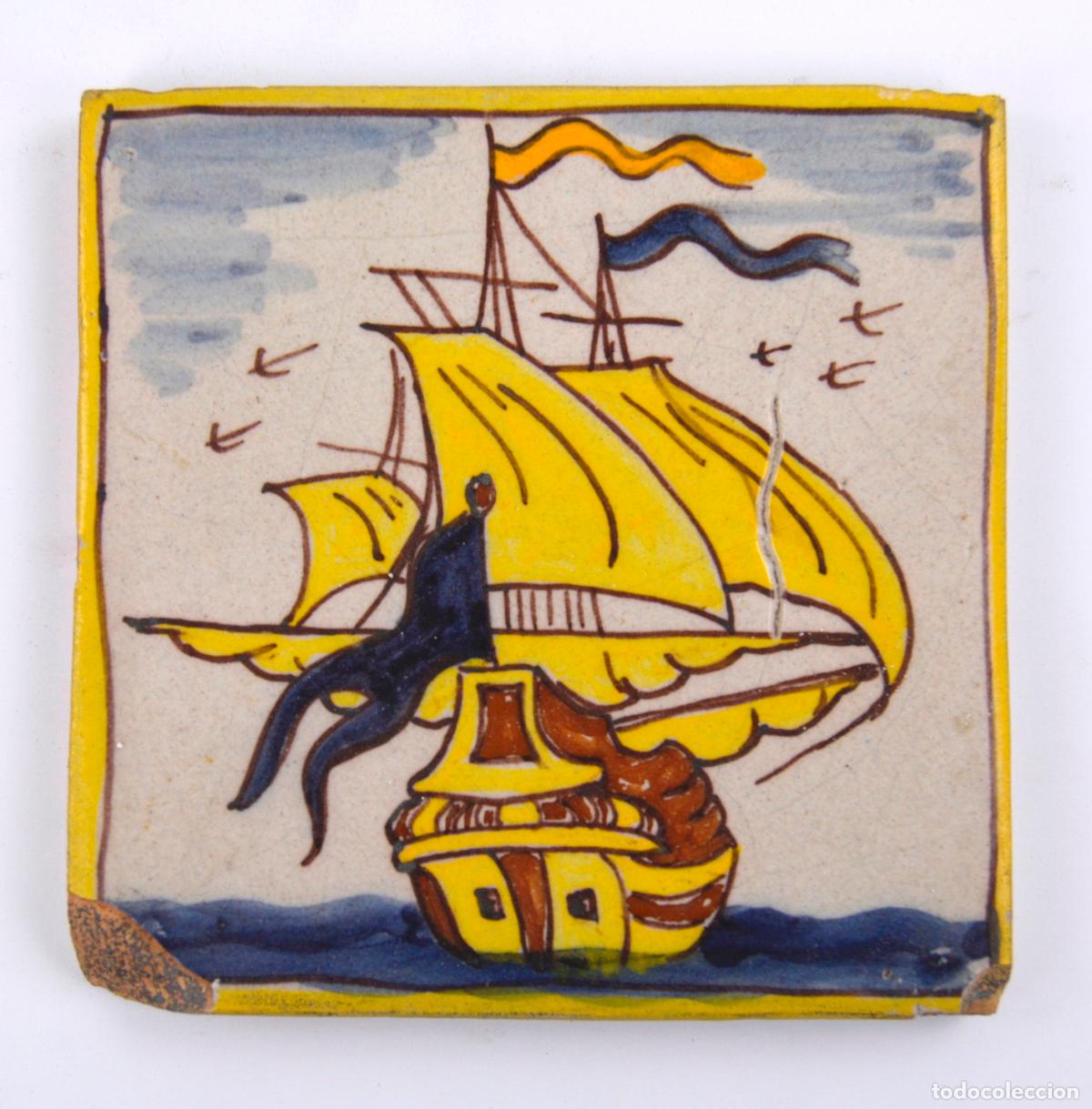 Oggetti Antichi: Barco de vela o galera, azulejo de cer&aacute;mica catalana, serie Arts i Oficis, siglo XVIII - XIX.
