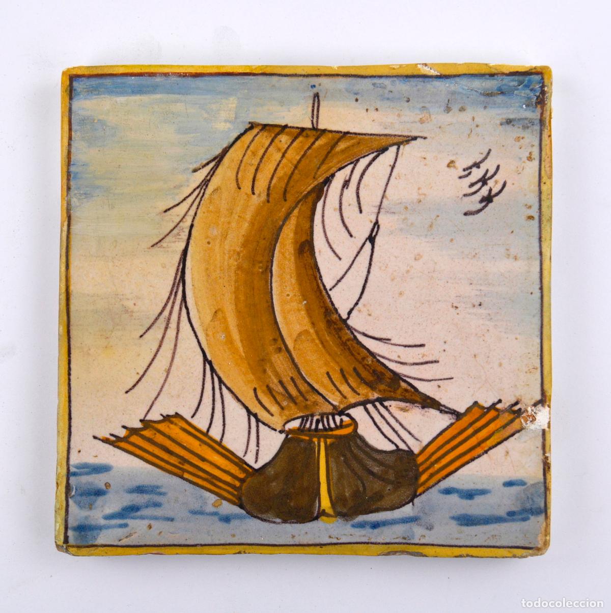 Oggetti Antichi: Barco de vela o galera, azulejo de cer&aacute;mica catalana, serie Arts i Oficis, siglo XVIII - XIX.