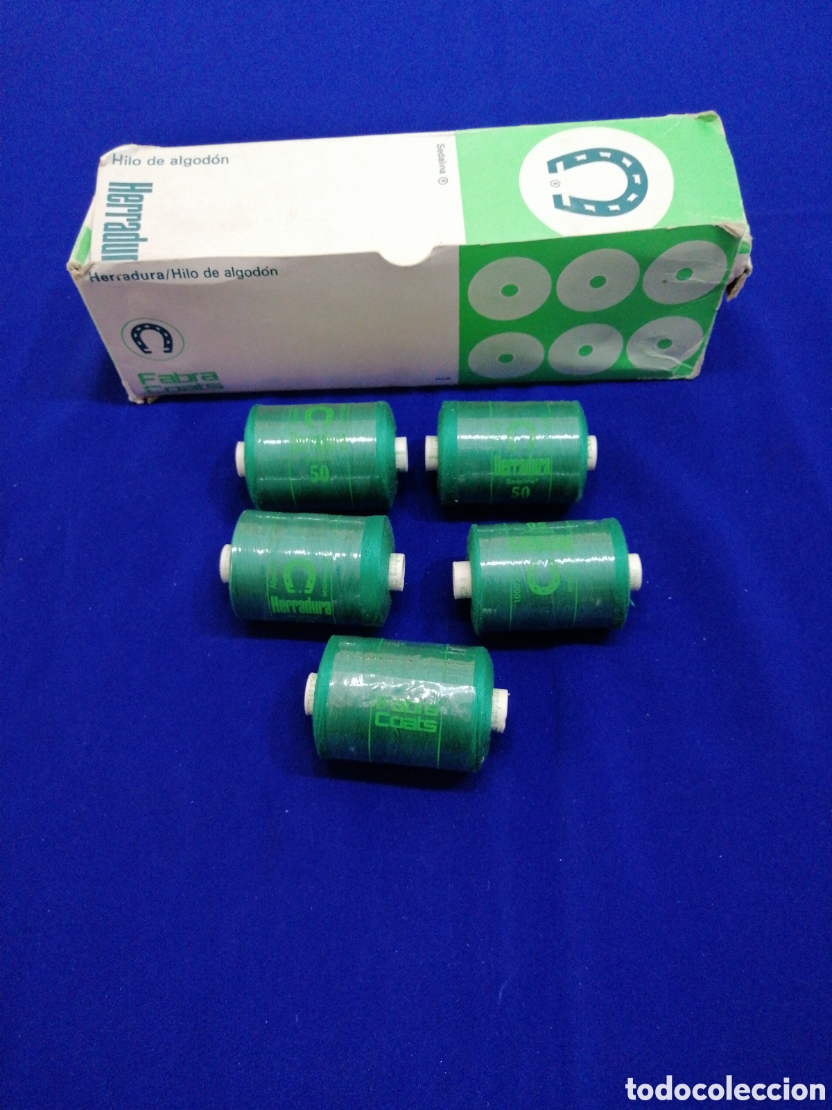 Antig&uuml;edades: FABRA Y COAST HILOS COLOR VERDE 258 - 50 METROS LOTE 5 UNIDADES INCLUIDA CAJA ORIGINAL