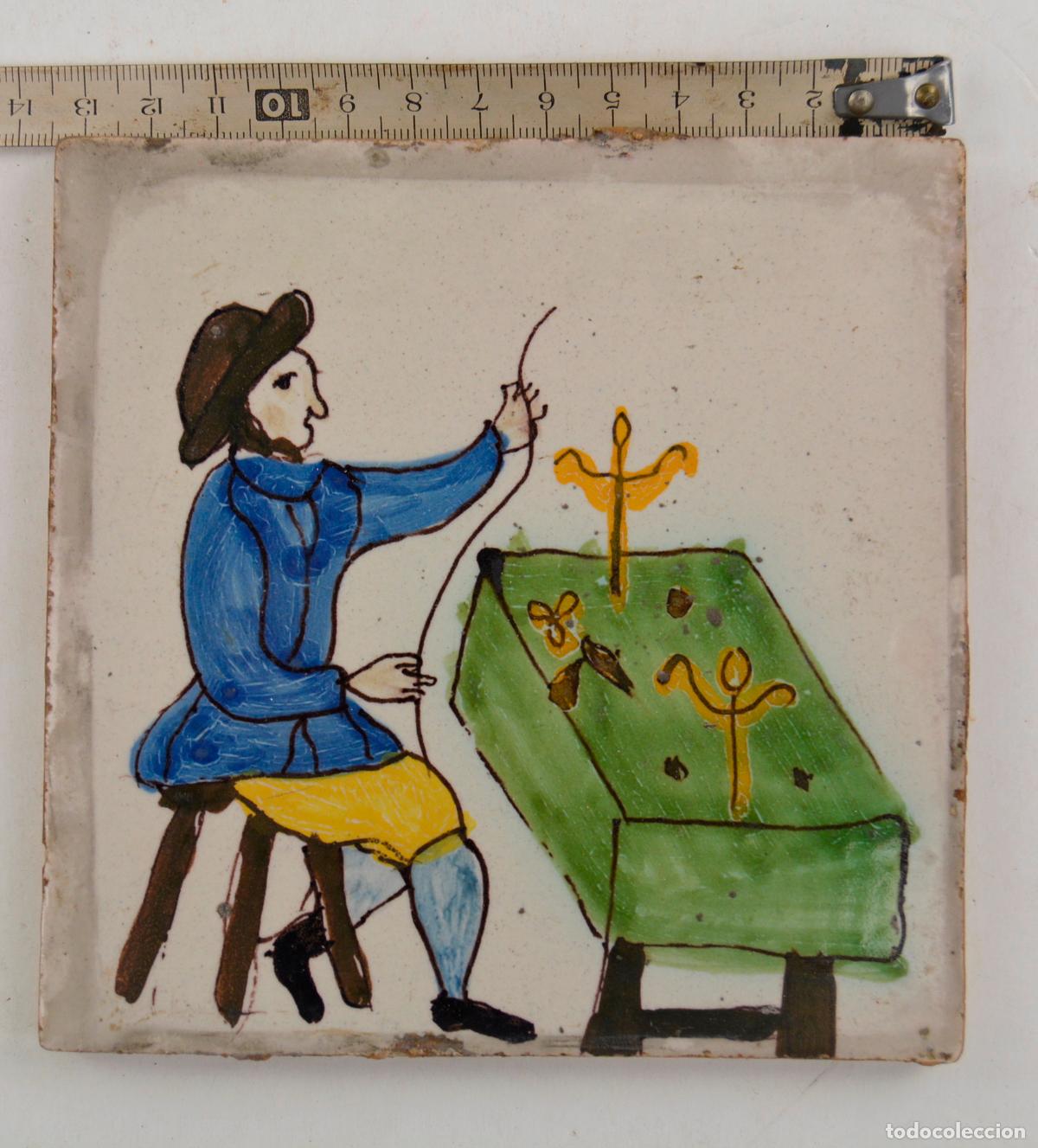 Oggetti Antichi: Sastre, azulejo de cer&aacute;mica catalana, serie Arts i Oficis, siglo XIX.