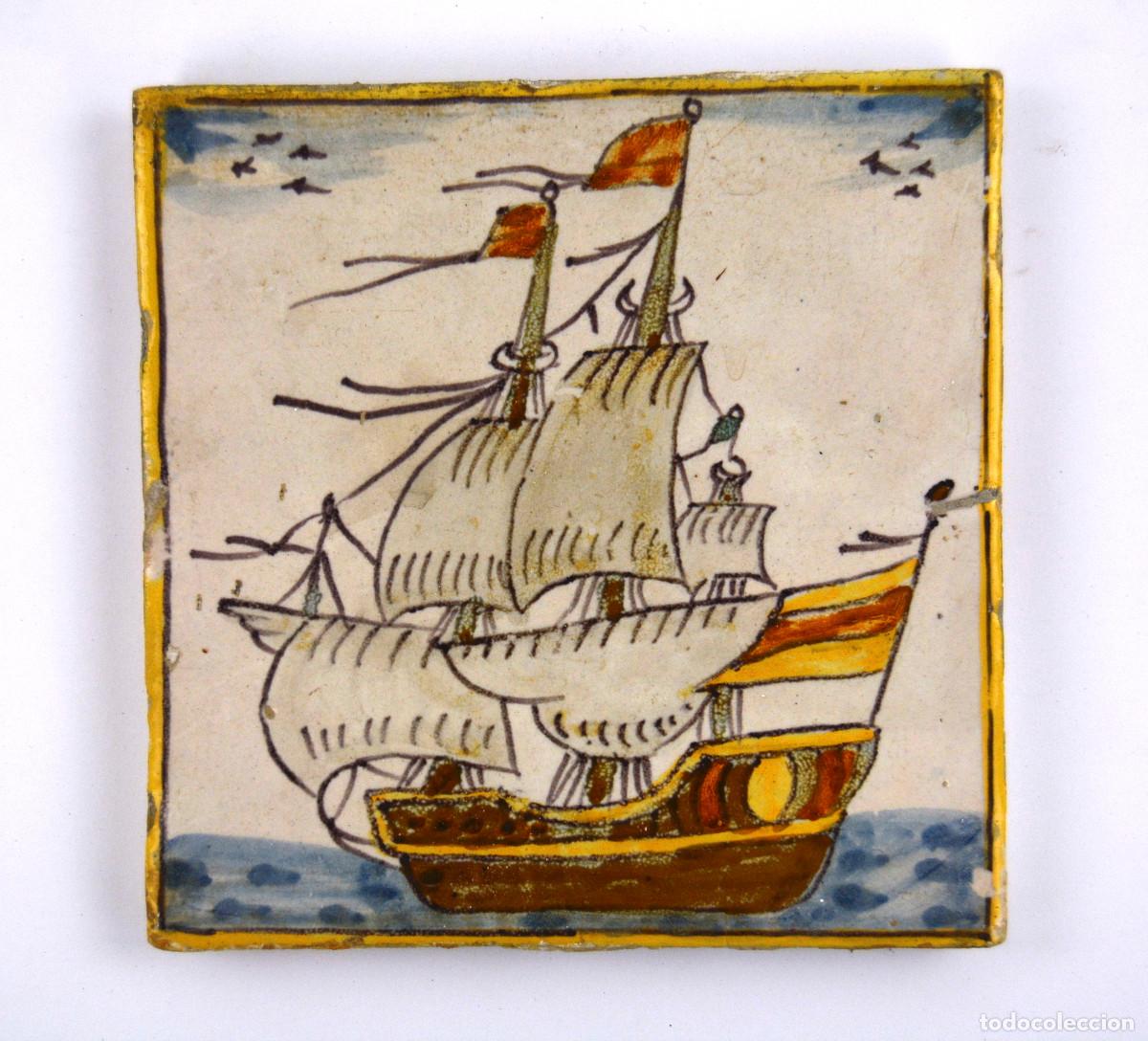 Oggetti Antichi: barco a vela, azulejo catal&aacute;n. s.XVIII-XIX