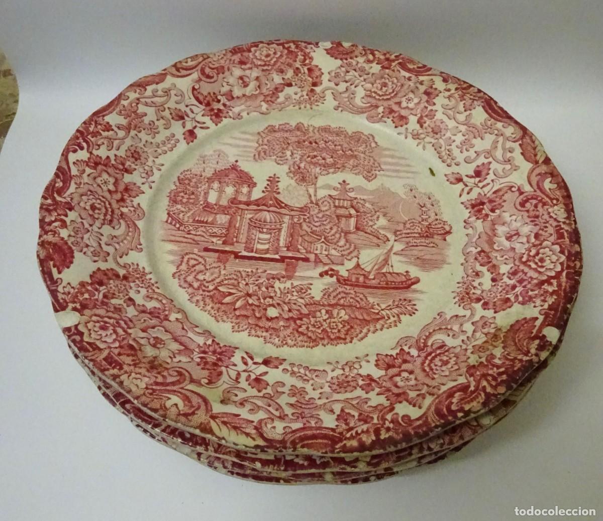 Antig&uuml;edades: 4 ANTIGUOS PLATOS LLANOS CARTUJA PICKMAN, SERIE ROSA, ESCUDO ANCLA ROSADA, NUMERADO 75