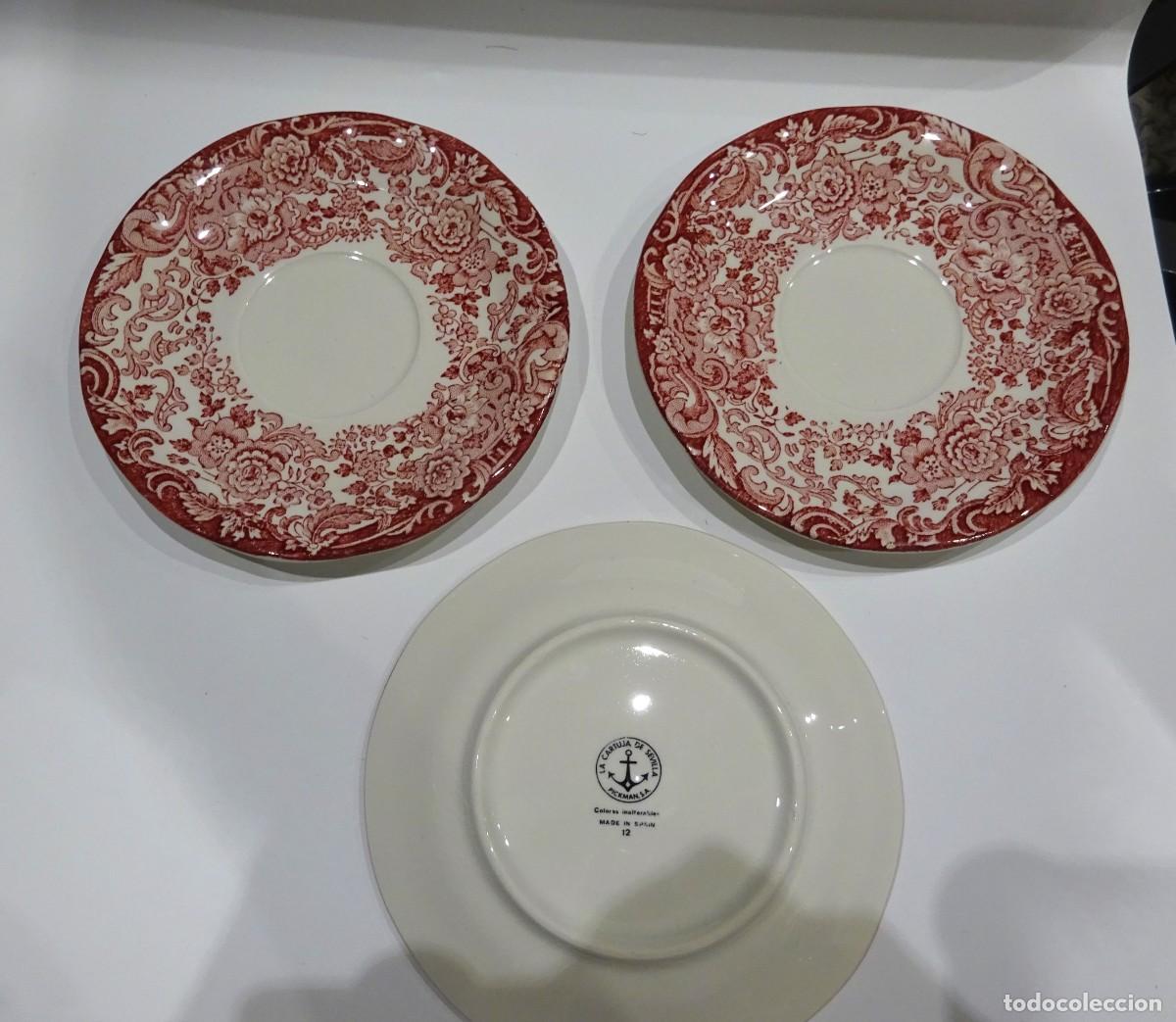 Antig&uuml;edades: 3 PLATOS CAF&Eacute; CARTUJA PICKMAN, SERIE ROSA, ESCUDO ANCLANEGRA, NUMERADOS 12 y LEYENDA,PERFECTO ESTADO