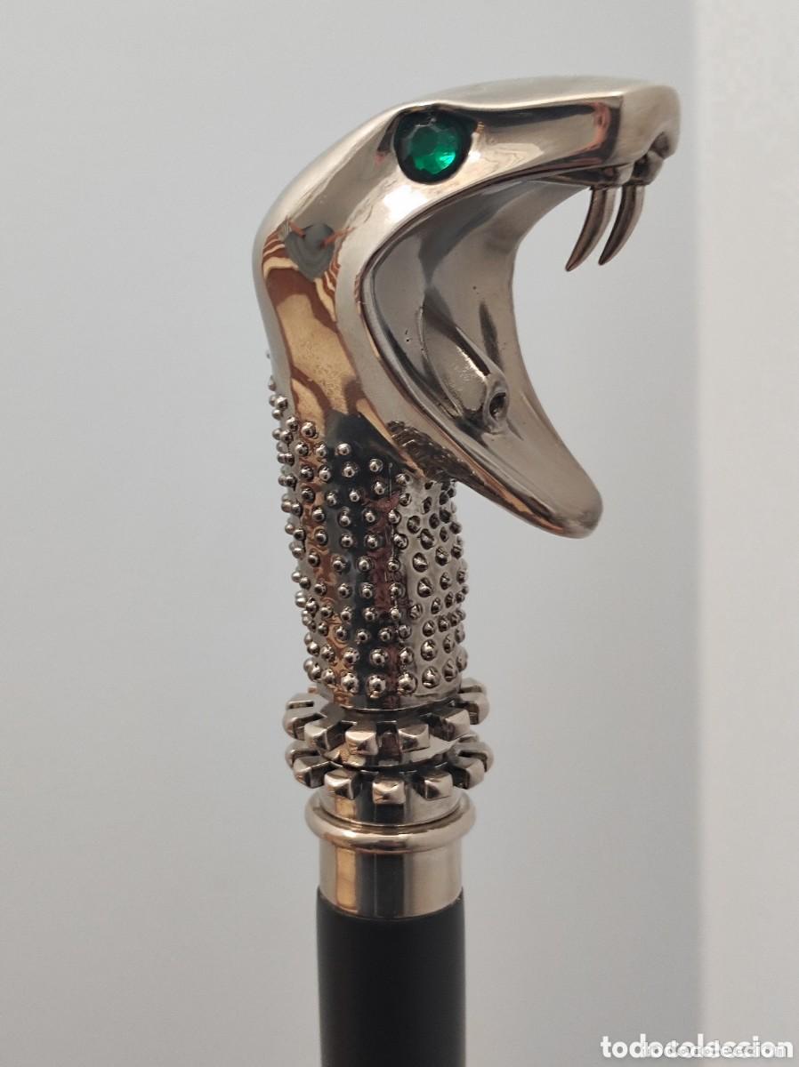 Antig&uuml;edades: Espectacular Baston cabeza metalica serpiente 2 piezas 117 cm