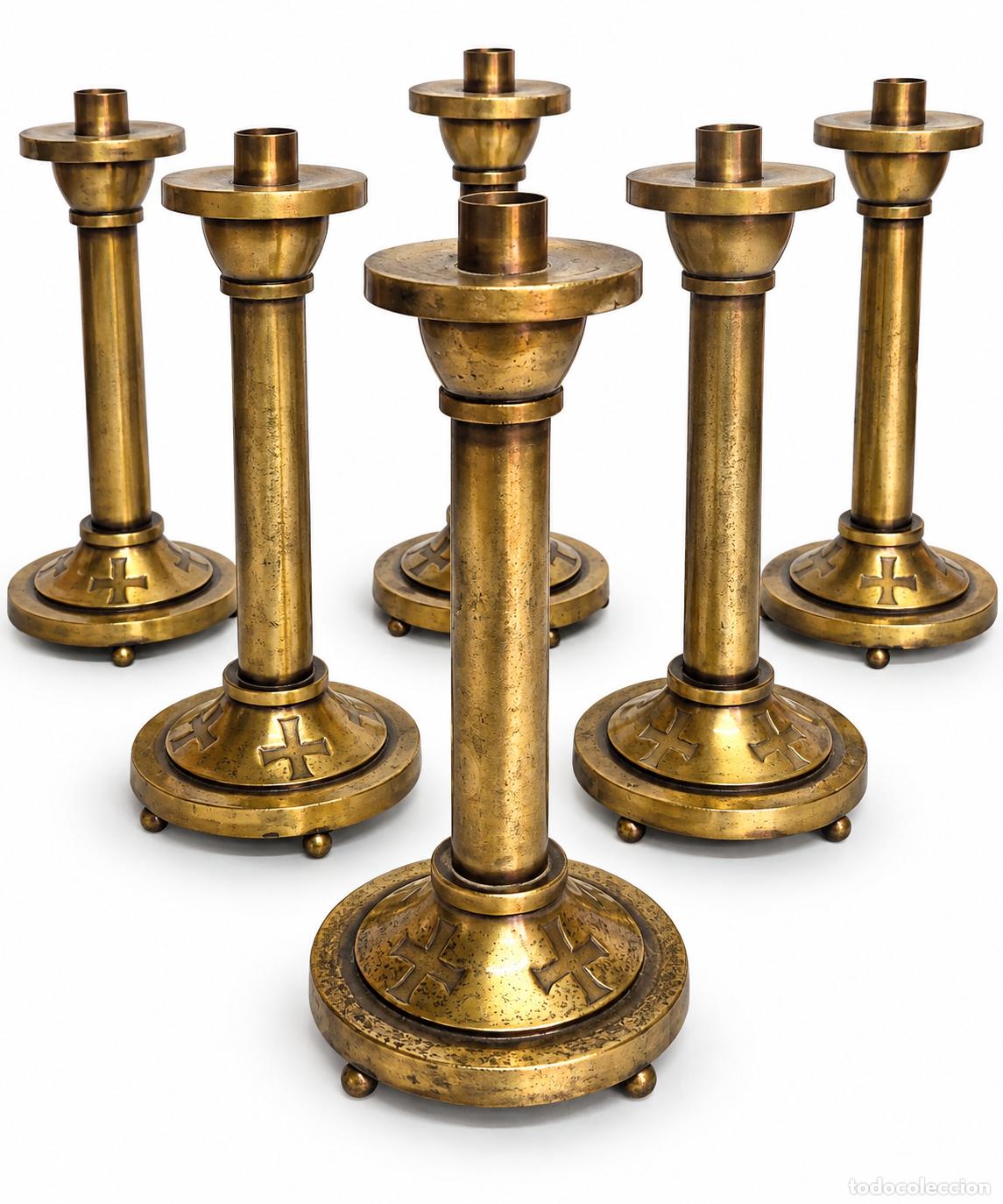 Antig&uuml;edades: Conjunto de Seis Candelabros de Altar - Lat&oacute;n Macizo - S.XIX