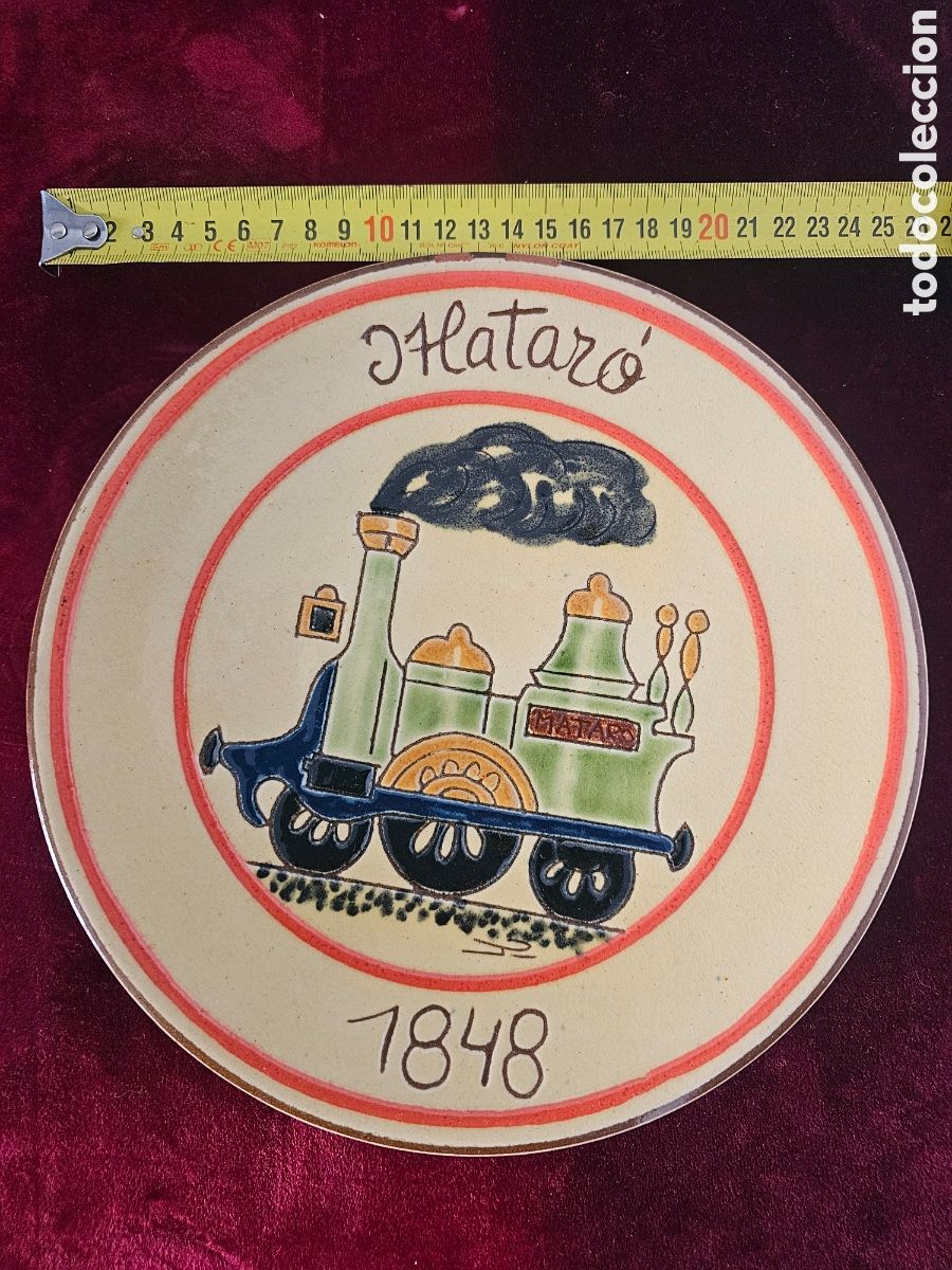 Antig&uuml;edades: Plato decorativo de cer&aacute;mica - Conmemorativo Primer Tren de Espa&ntilde;a &rdquo;Matar&oacute; 1848&rdquo; (26 cm)
