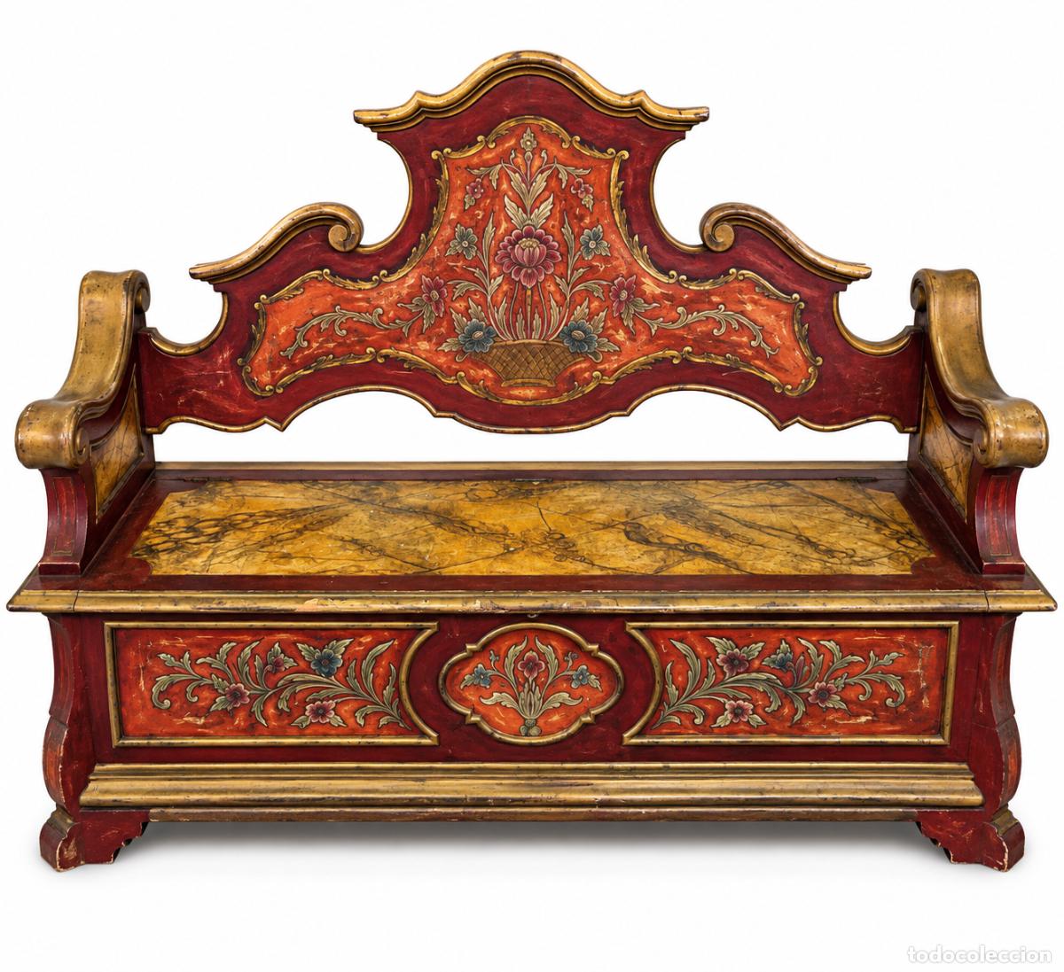 Antig&uuml;edades: Decorativo Banco Estilo Barroco Italiano - Madera Policromada - con Arca, Ba&uacute;l