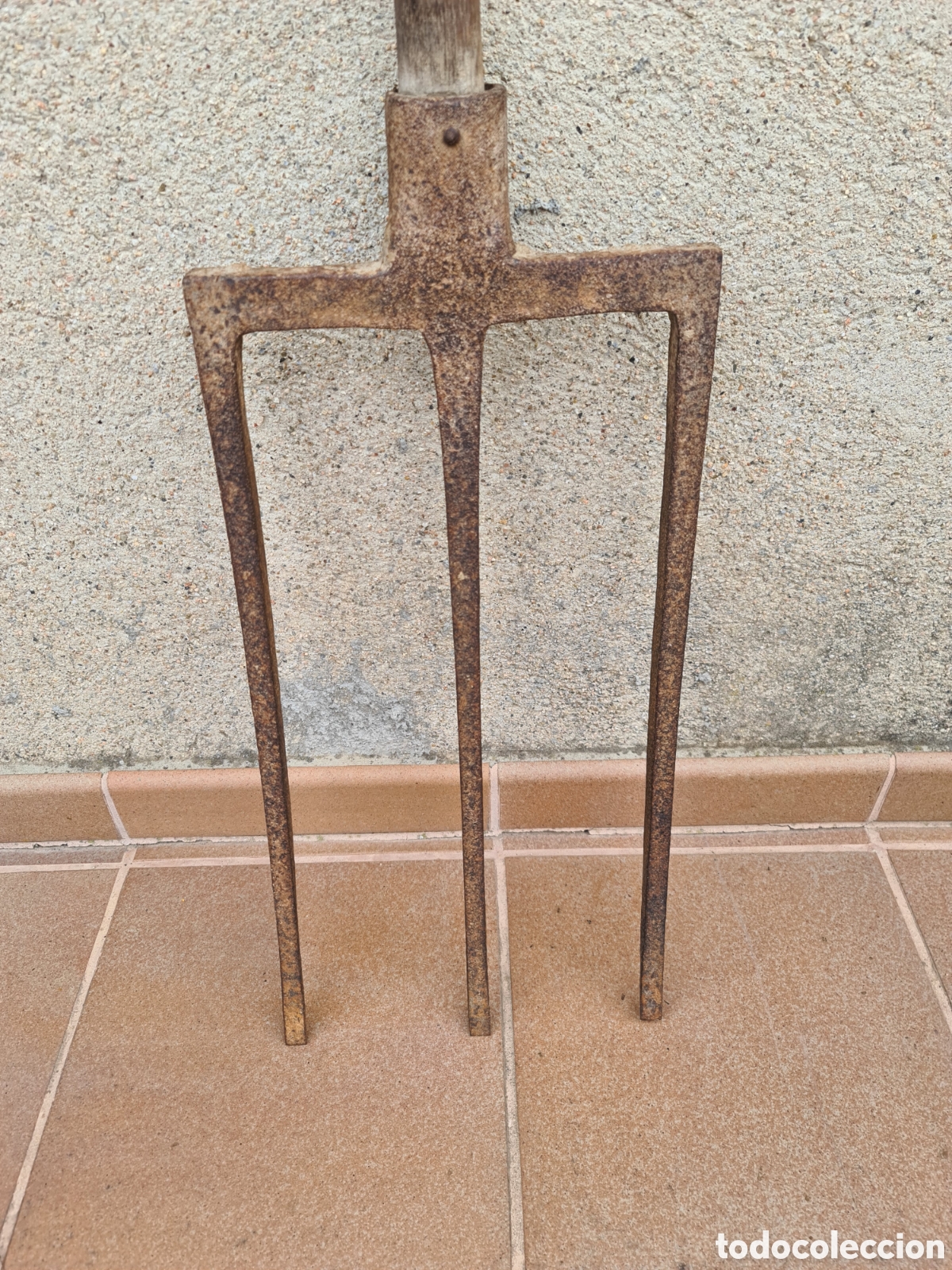 Antig&uuml;edades: Antigua Laya de labranza de hierro con mango de madera.