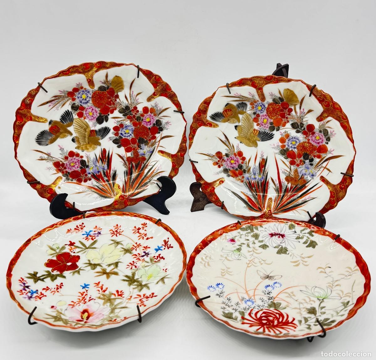 Antig&uuml;edades: CONJUNTO DE CUATRO PLATOS DE PORCELANA JAPONESA ANTIGUA ESTILO KUTANI