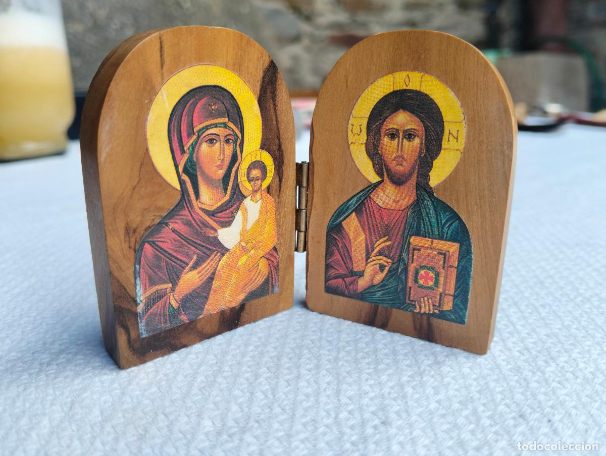 Antig&uuml;edades: Cuadro plegable capilla de Iconos de la Virgen con ni&ntilde;o Jes&uacute;s y Jes&uacute;s de mayor bizantino a&ntilde;os 80