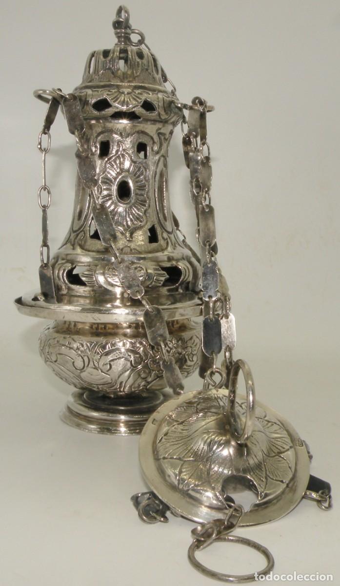 Oggetti Antichi: ANTIGUO INCENSARIO / BOTAFUMEIRO LITURGICO DE PLATA SIGLO XVIII. PIEZA DE MUSEO