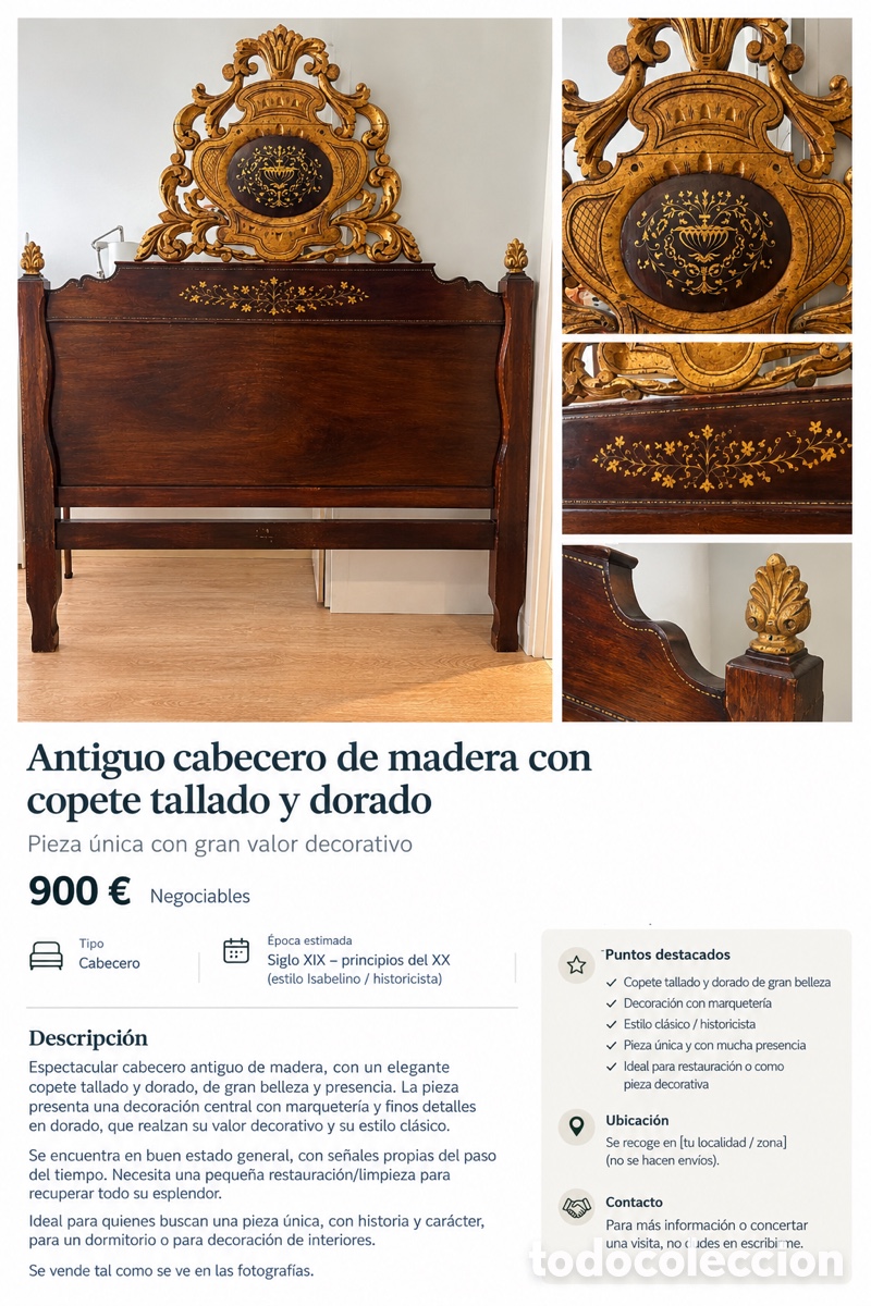 Antig&uuml;edades: Cabecero de madera con incrustaciones doradas - Foto 3