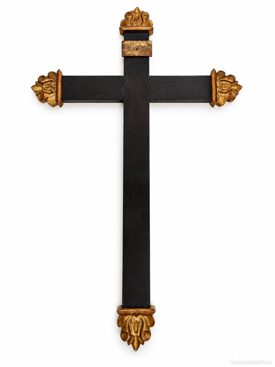 Antig&uuml;edades: Antigua Cruz - Madera Ebonizada - Remates en Talla de Madera Dorada - S.XIX