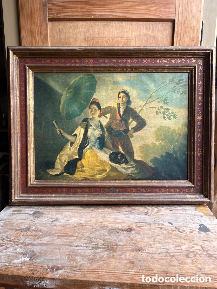 Antig&uuml;edades: L&aacute;mina El quitasol de Goya con marco antiguo decorativo