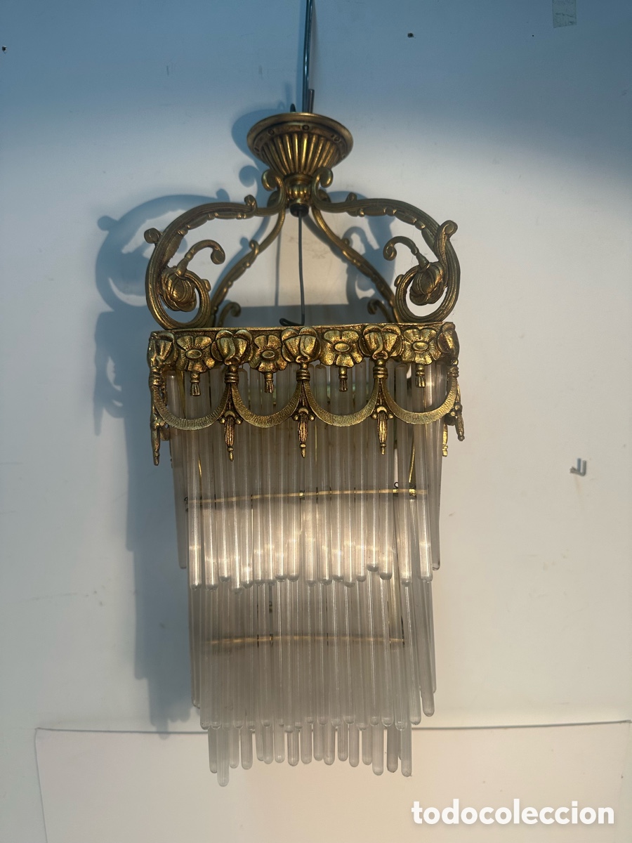 Antig&uuml;edades: ANTIGUA L&Aacute;MPARA MODERNISTA CON FLECOS DE CRISTAL. MACARRONES. ART NOUVEAU. CIRCA 1900