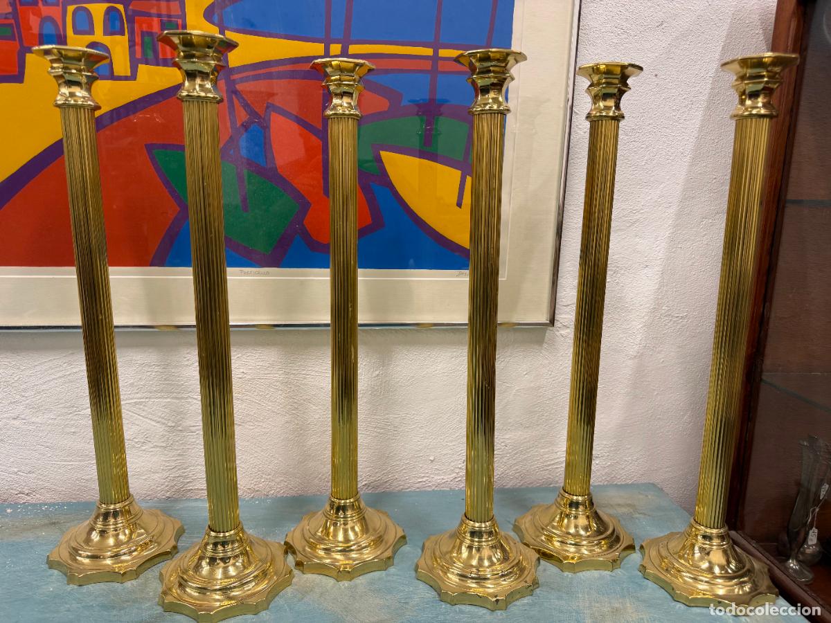Antig&uuml;edades: ANTIGUO CONJUNTO DE 6 CANDELEROS DE BRONCE - MEDIDA 50 CM - RELIGIOSO