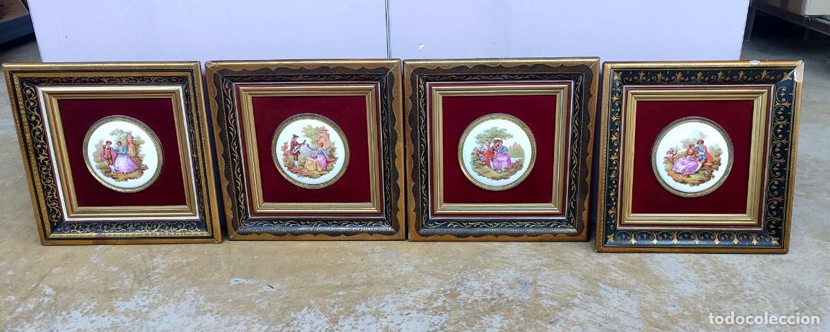Antig&uuml;edades: Cuatro cuadros con porcelana esmaltada escenas romanticas