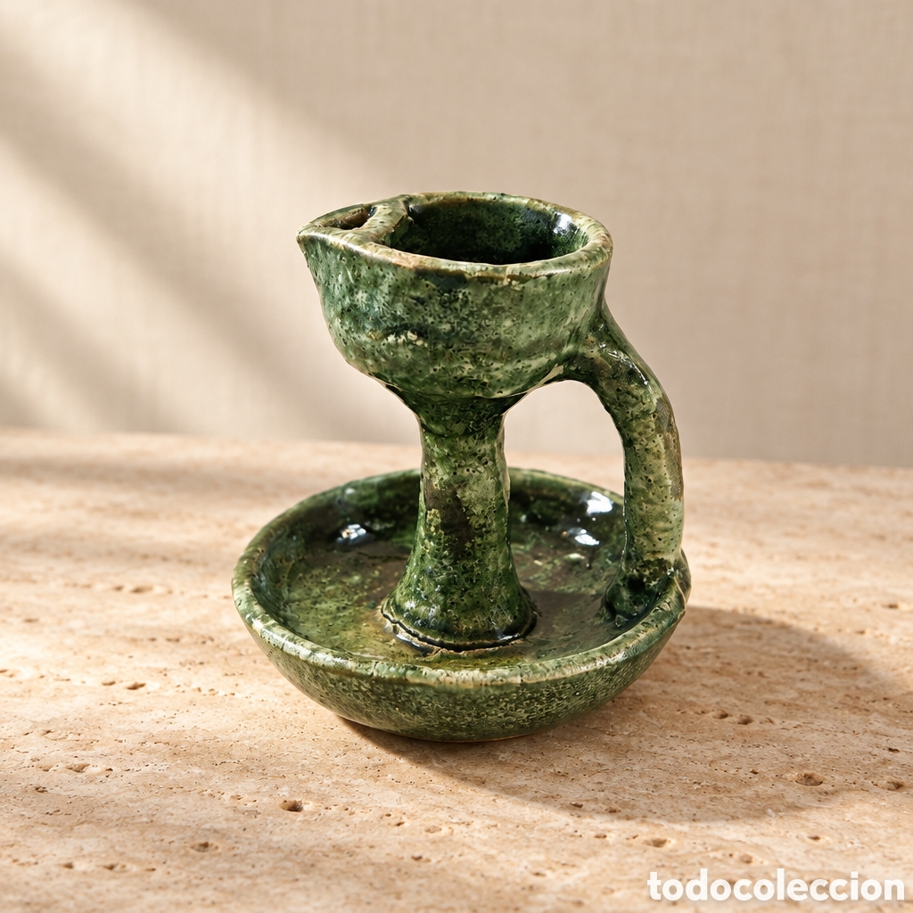 Antig&uuml;edades: MUY ANTIGUA LAMPARA DE ACEITE . CERAMICA VIDRIADA EN COLOR VERDE