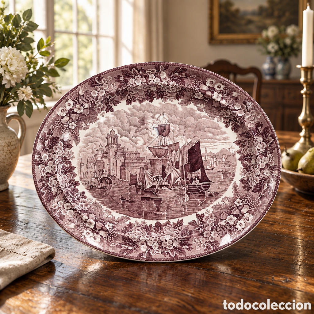 Antig&uuml;edades: ELEGANTE Y GRAN BANDEJA. WEDGWOOD FERRARA. BARCOS EN PUERTO. TONOS ROSAS. 42&times;35 CM