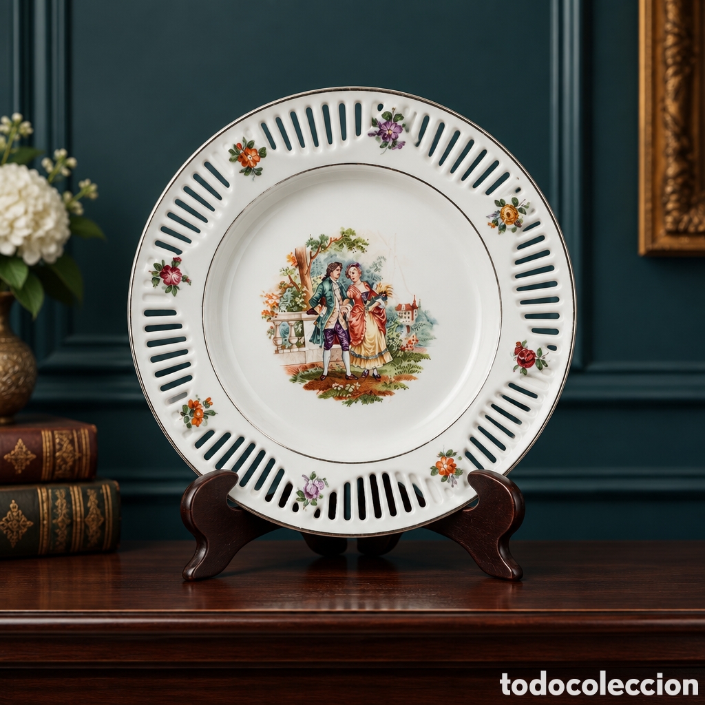 Antig&uuml;edades: BONITO PLATO CON CALADO - ESCENA ROMANICA - BAVARIA. SCHUMANN CON SELLO. 19,5 CM
