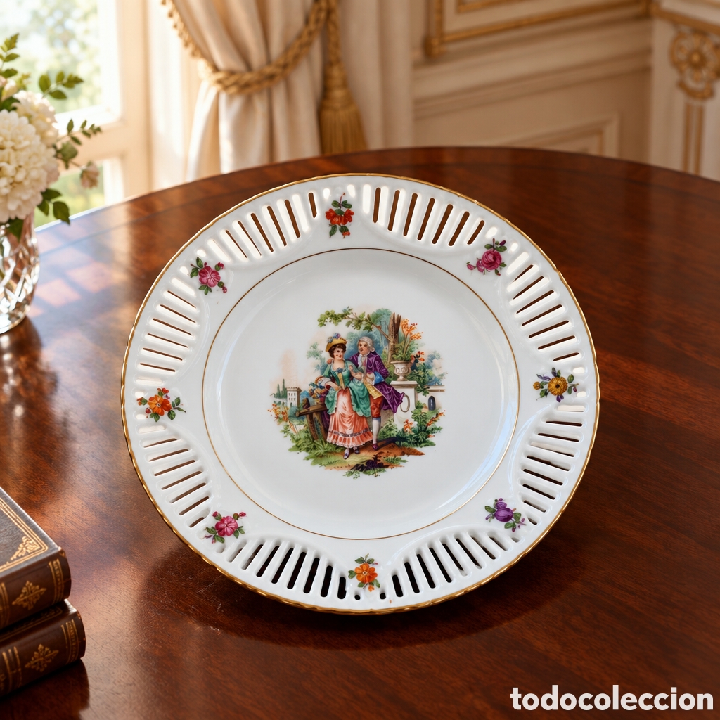 Antig&uuml;edades: BONITO PLATO CON CALADO - ESCENA ROMANICA - BAVARIA. SCHUMANN CON SELLO. 19,5 CM