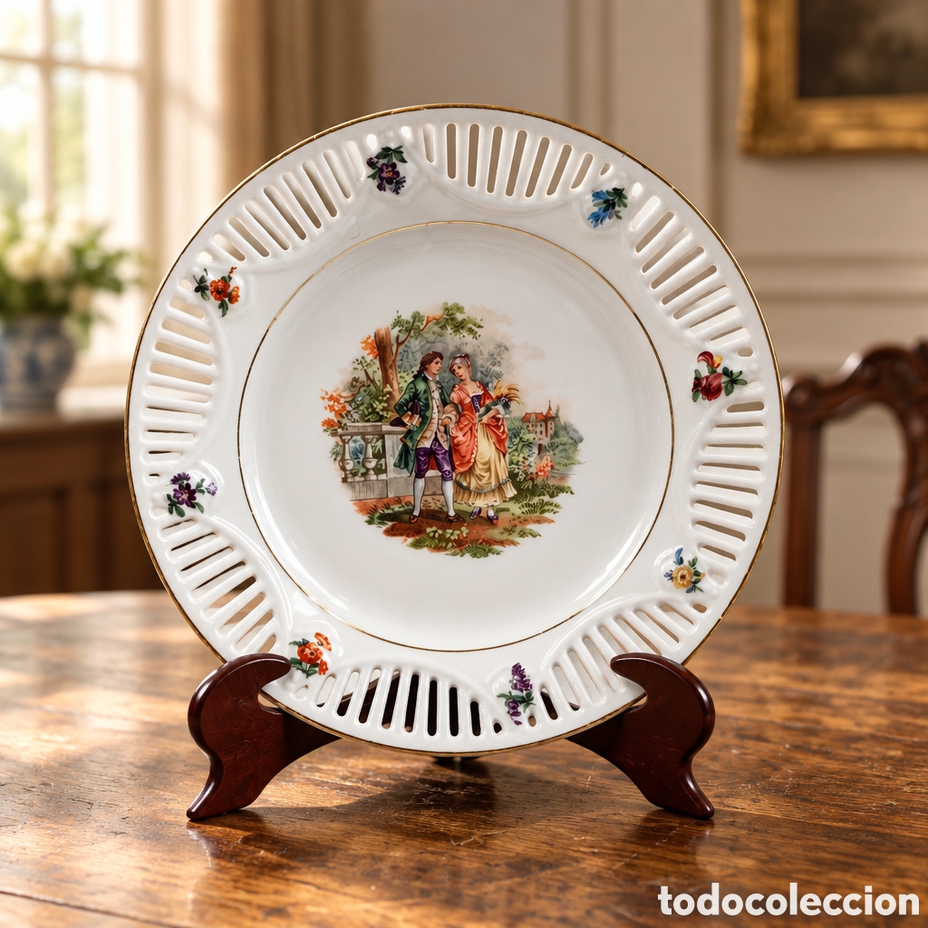 Antig&uuml;edades: BONITO PLATO CON CALADO - ESCENA ROMANICA - BAVARIA. SCHUMANN CON SELLO. 19,5 CM