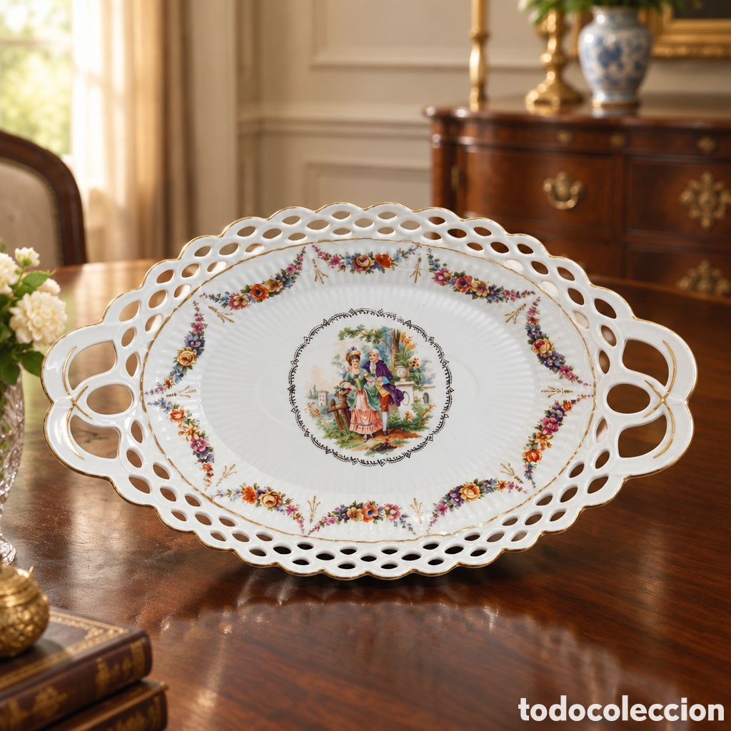 Antig&uuml;edades: BONITA BANDEJA CALADA - ESCENA ROMANICA - BAVARIA. SCHUMANN CON SELLO. 30&times;19 CM