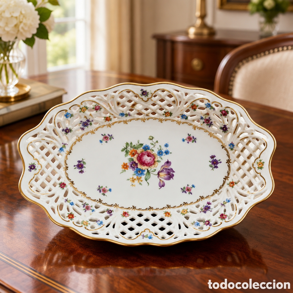 Antig&uuml;edades: BONITA BANDEJA CALADA - MOTIVOS FLORALES - BAVARIA. SCHUMANN CON SELLO. 27&times;18 CM
