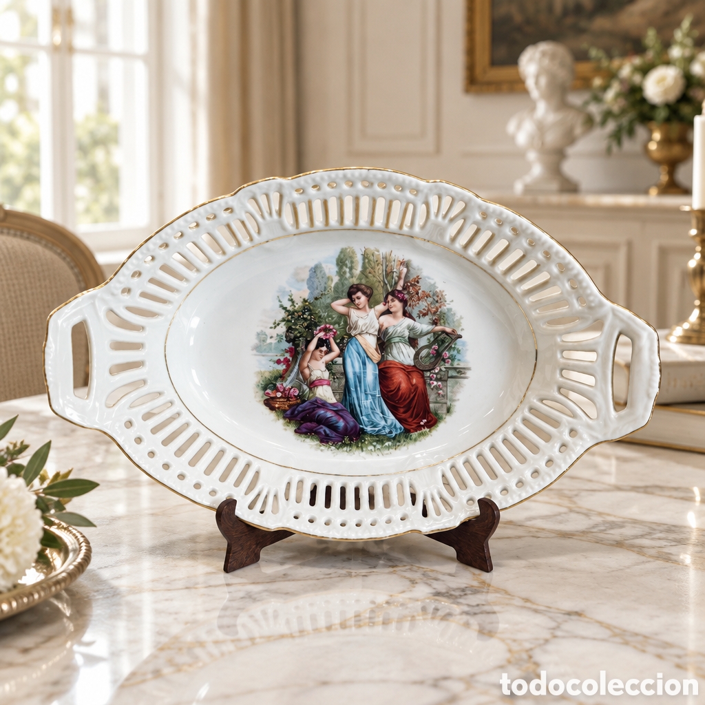 Antig&uuml;edades: BONITA BANDEJA CALADA - ESCENA ROMANTICA - BAVARIA. SCHWARZENHAMMER CON SELLO. 32&times;20 CM