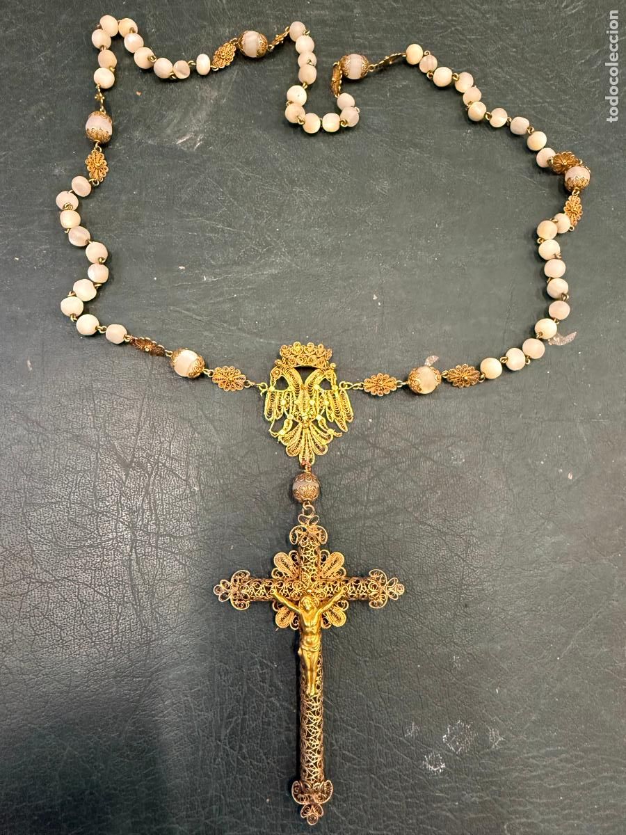 Antig&uuml;edades: ANTIGUO ROSARIO DE PLATA FILIGRANA CON BA&Ntilde;O DE ORO Y PERLA NACAR - MEDIDA TOTAL 51 CM