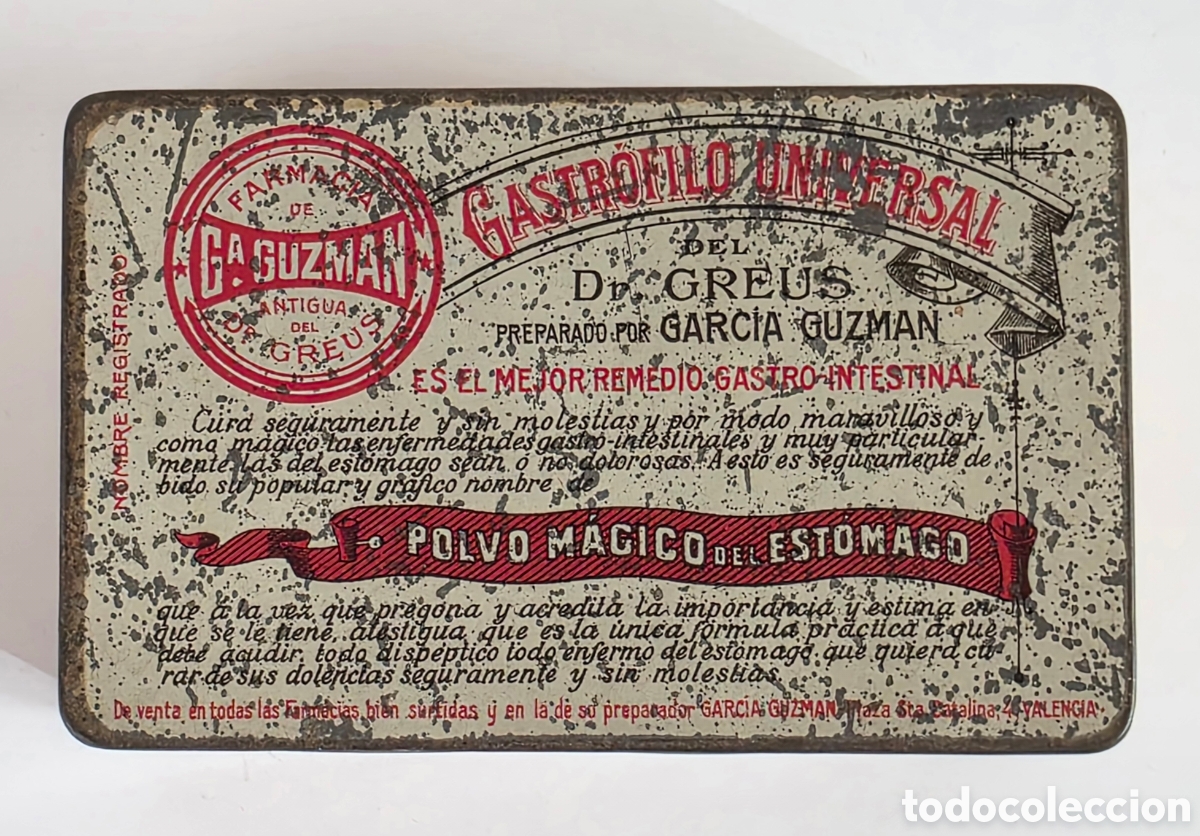 Antig&uuml;edades: Caja Lata vac&iacute;a Farmacia Garc&iacute;a Guzm&aacute;n Dr. Greus - Gastr&oacute;filo Universal Decoraci&oacute;n Medicina Valencia