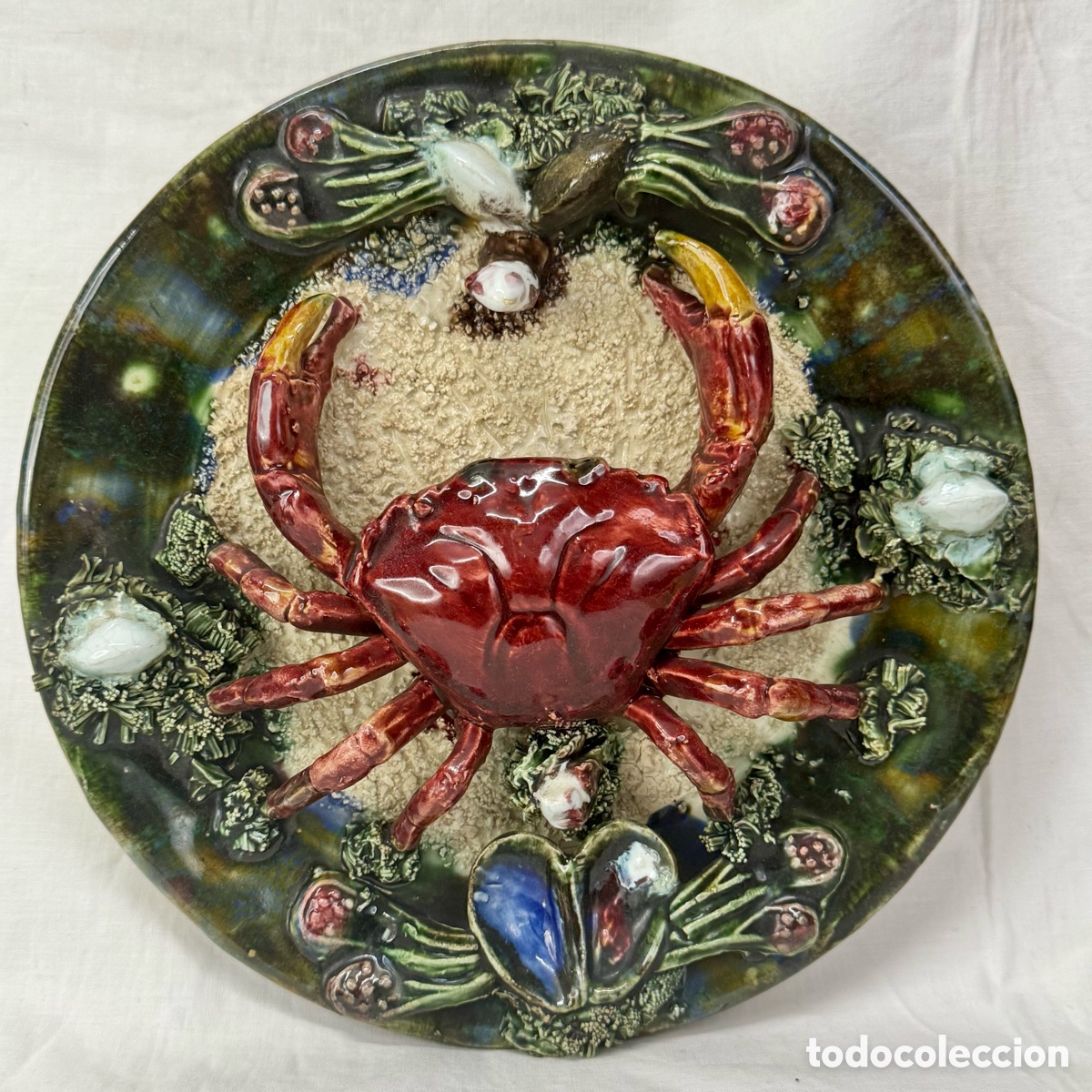 Antiquit&eacute;s: PLATO CERAMICA MAJOLICA CALDAS DA RAINHA PORTUGAL CENTOLLO CANGREJO PORCELANA DIAMETRO 23 CM