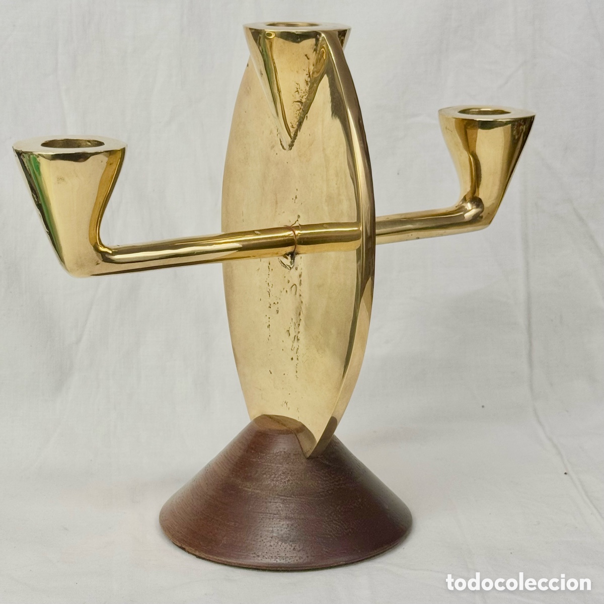 Antiquit&eacute;s: CANDELABRO BRONCE LATON MADERA BRUTALISTA SEVILLA ARDISUR DECORACION RETRO VINTAGE PORTAVELAS