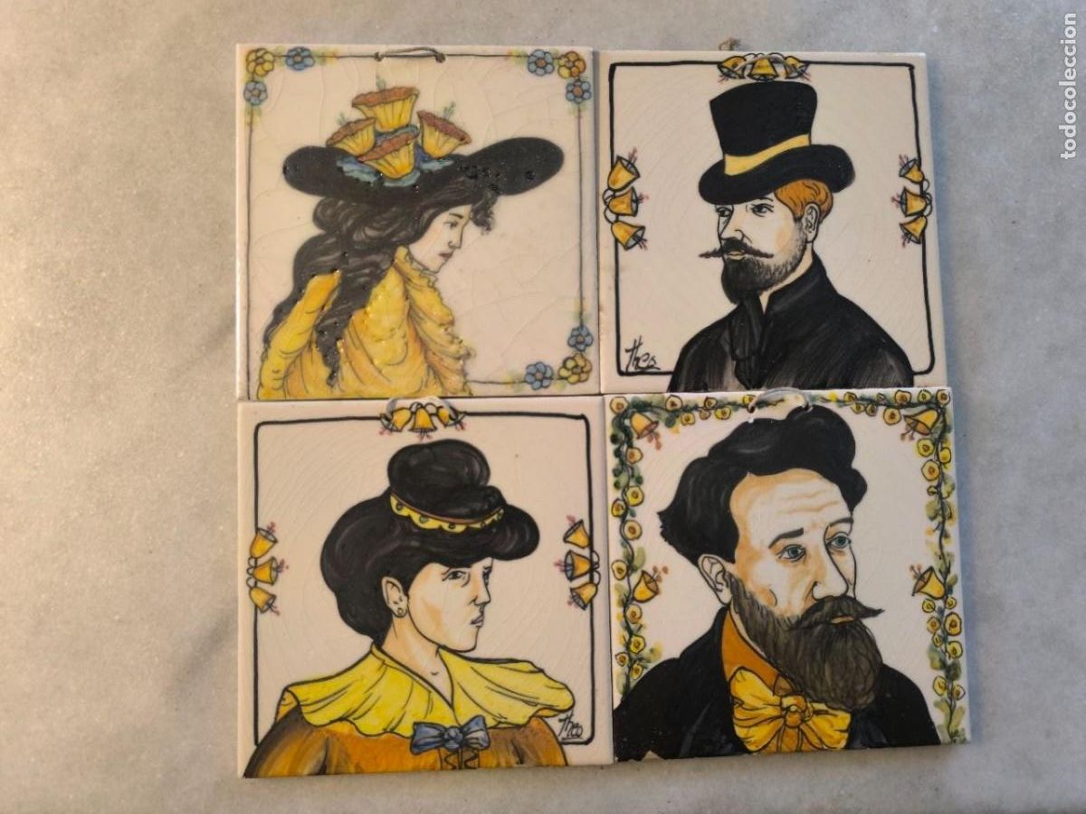 Antig&uuml;edades: 4 AZULEJOS AZSEDER CON PERSONAJES PINTADOS A MANO FIRMADOS THEO 15X15 CM
