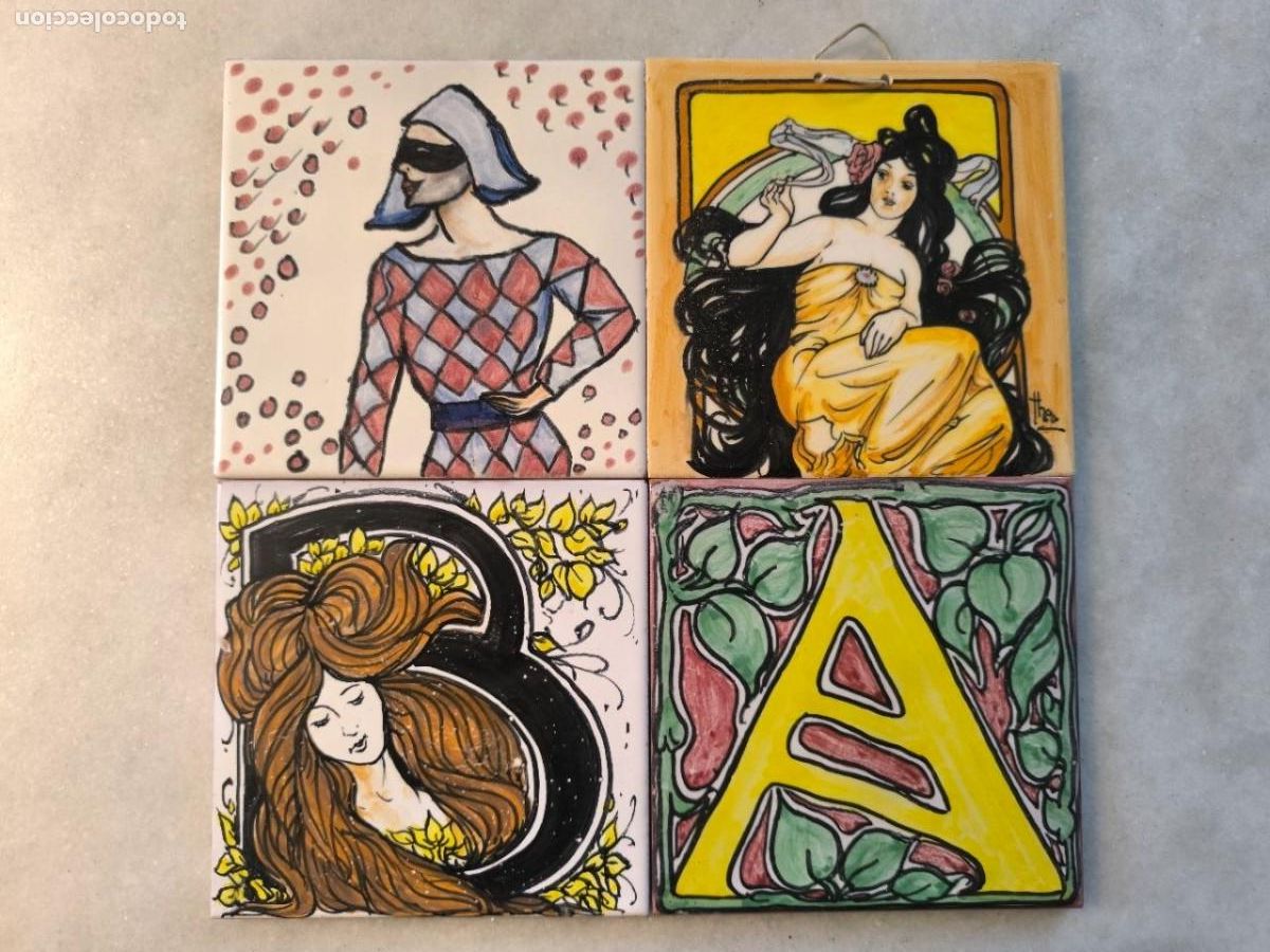 Antig&uuml;edades: 4 AZULEJOS AZSEDER CON PERSONAJES PINTADOS A MANO FIRMADOS THEO 15X15 CM