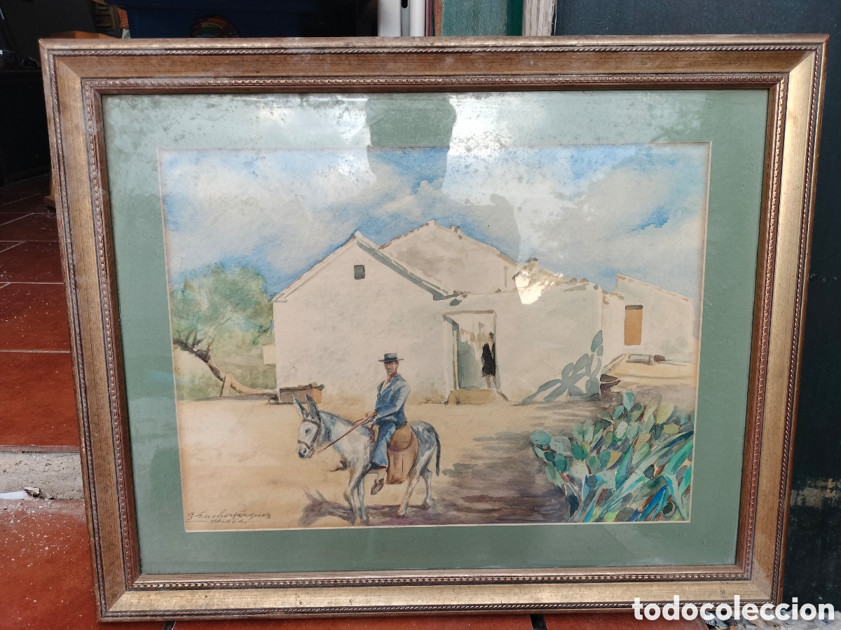Antig&uuml;edades: Acuarela original firmada por pintor malague&ntilde;o Jos&eacute; S&aacute;nchez V&aacute;zquez principio siglo XX