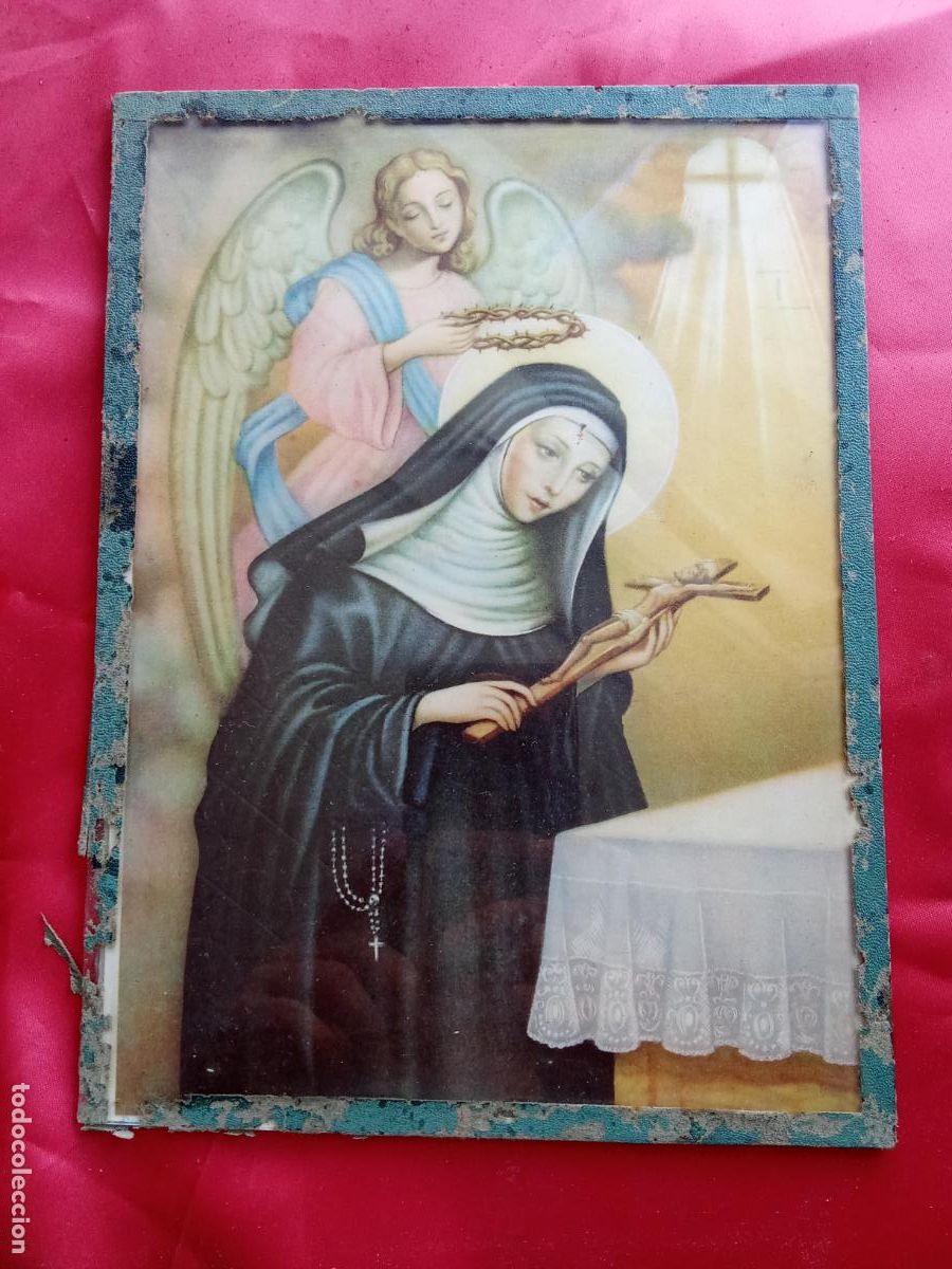 Antig&uuml;edades: Estampa l&aacute;mina antigua enmarcada Santa Rita de Cascia. Caja delicado