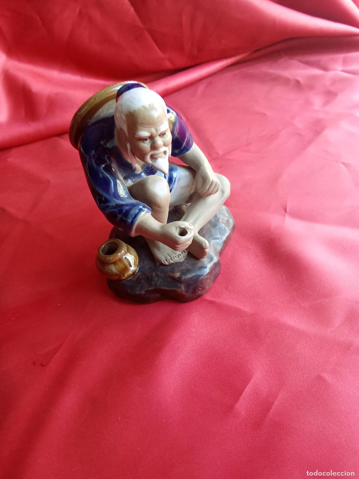 Antig&uuml;edades: Shiwan China Mudman Figura barro Vintage Pescador. Vitrina 19