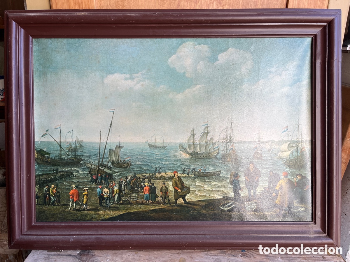 Antig&uuml;edades: Cuadro vintage marinero &ndash; Puerto con barcos y personajes
