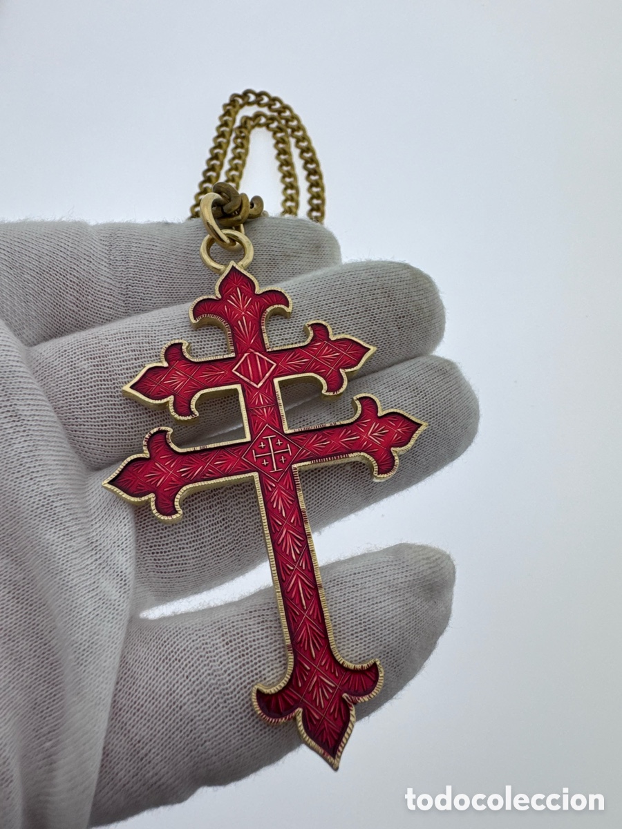 Oggetti Antichi: Cruz Patriarcal de Plata Dorada y Esmalte Rojo (Orden del Santo Sepulcro)