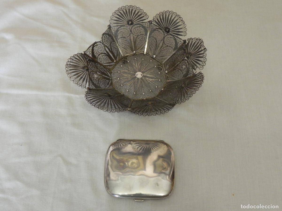 Antig&uuml;edades: ** LOTE DE PLATA ANTIGUA CONTRASTADA AL PESO CESTA FILIGRANA Y PITILLERA **