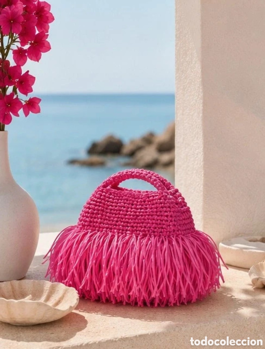 Antig&uuml;edades: Bolso de rafia rosa fucsia con flecos | Hecho a mano | &Uacute;nico