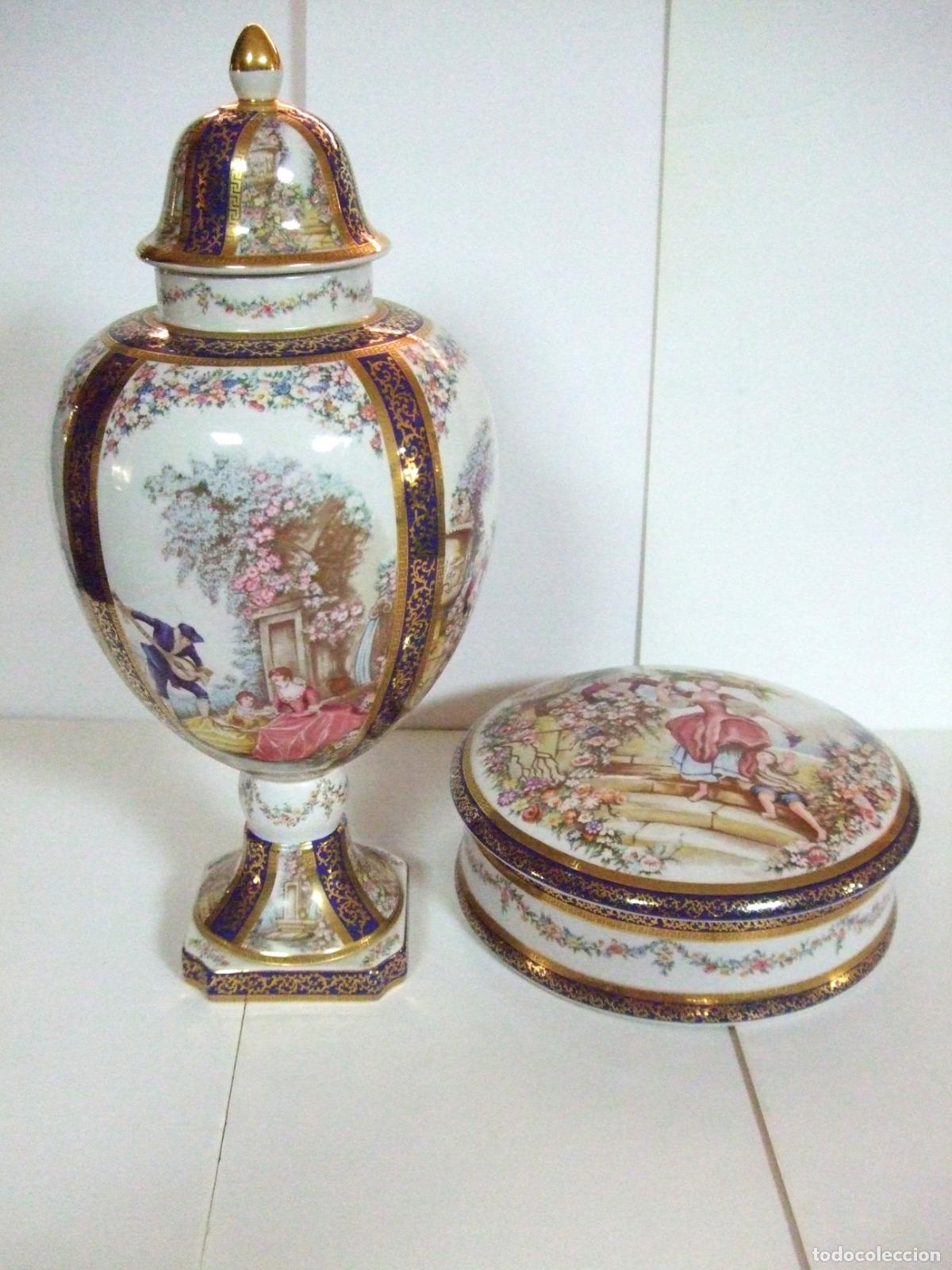 Antig&uuml;edades: JARR&Oacute;N Y CAJA REDONDA BOMBONERA DE PORCELANA MARCA PANDA - CER&Aacute;MICA SIGLO XX ESCENAS &Eacute;POCA JARD&Iacute;N