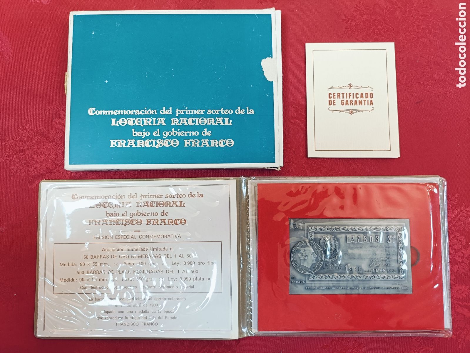 Antig&uuml;edades: LINGOTE PLATA PURA 999 . 150 GRAMOS . PRIMER SORTEO LOTERIA NACIONAL . FRANCISCO FRANCO. NUMERADO