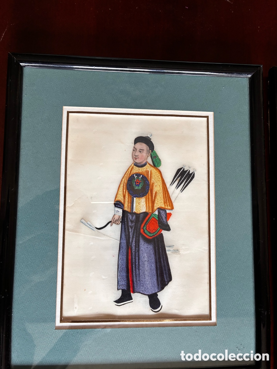 Antiquit&eacute;s: PAREJA PINTURAS CHINAS S. XIX &ndash; DAMA Y ARQUERO QING &ndash; PITH &ldquo;PAPEL DE ARROZ&rdquo; &ndash; 19x15 CM