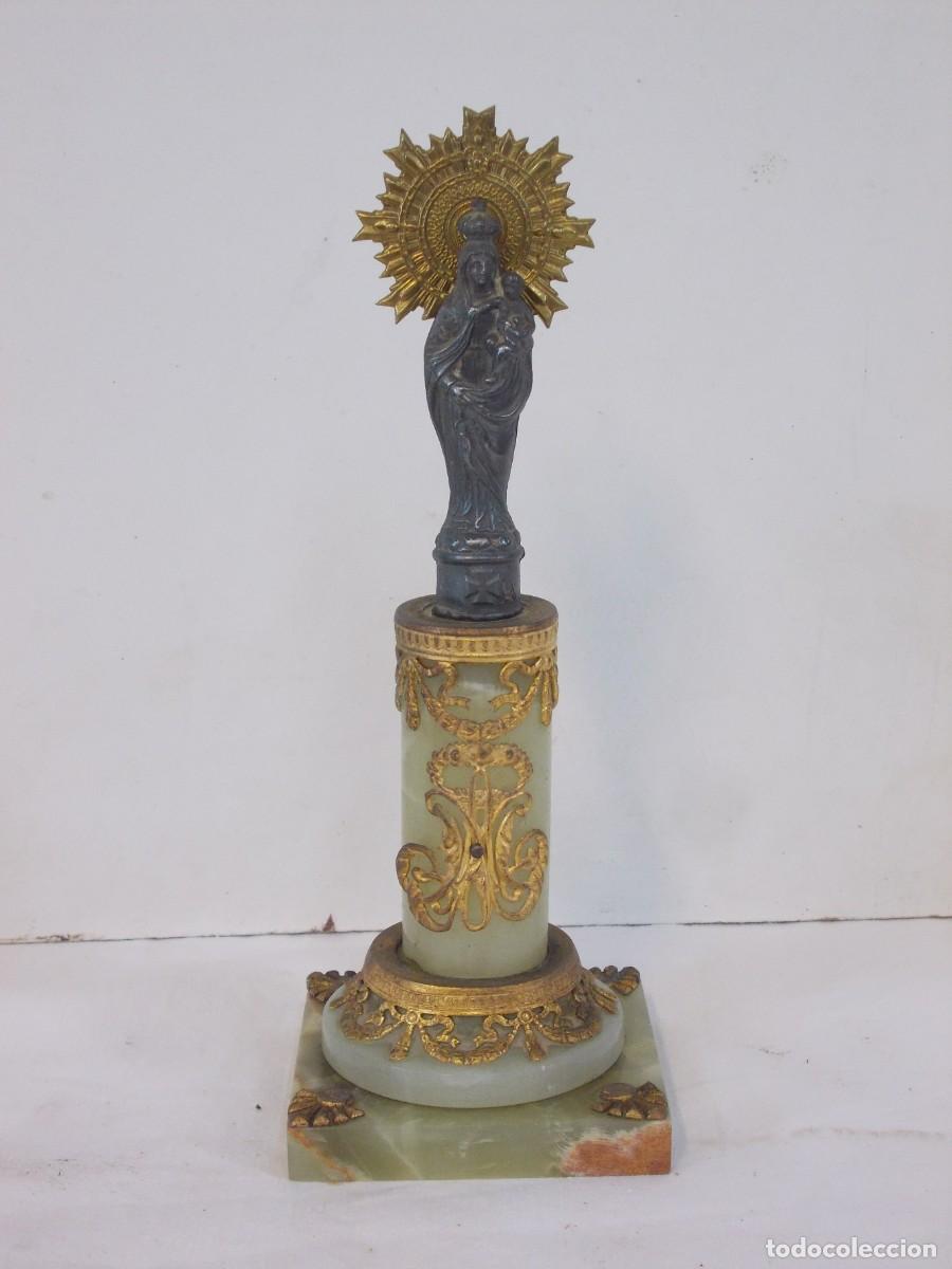 Antig&uuml;edades: PRECIOSA Y ANTIGUA VIRGEN DEL PILAR EN PLATA ? Y COLUMNA ONIX BRONCE DORADO PILARICA